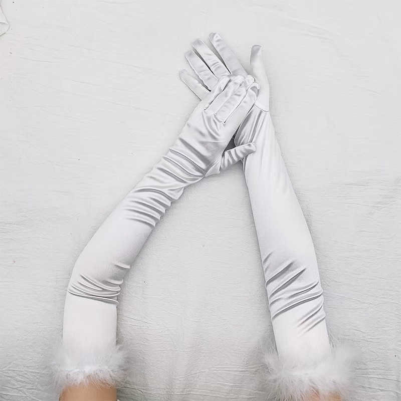Five Fingers Gloves Sexy 53cm Elastic Full Finger Long Silk Satin Dance Party Cuff Feather Halloween Makeup Opera Stage Women s Mittens 230919
