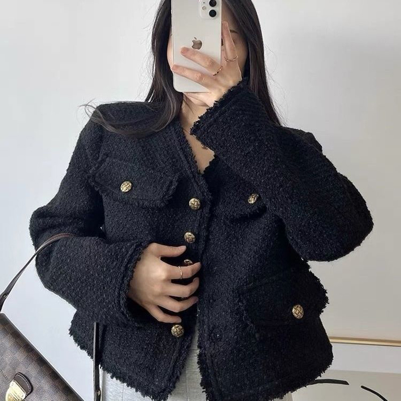 Women's Jackets GIDYQ Korean Fashion Cropped Tweed Jacket Women Autumn Winter Black Long Sleeved Tassel Coats Elegant All Match Outerwear 230919