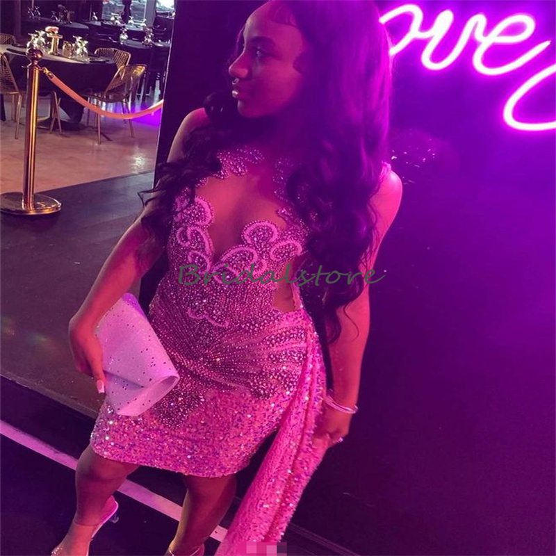 Pink Sequin Short Prom Dress With Train Luxury Black Girls Evening Dress Beaded Crystal Cocktail Birthday Party Wear Formal 2024 Chic Women Graduation