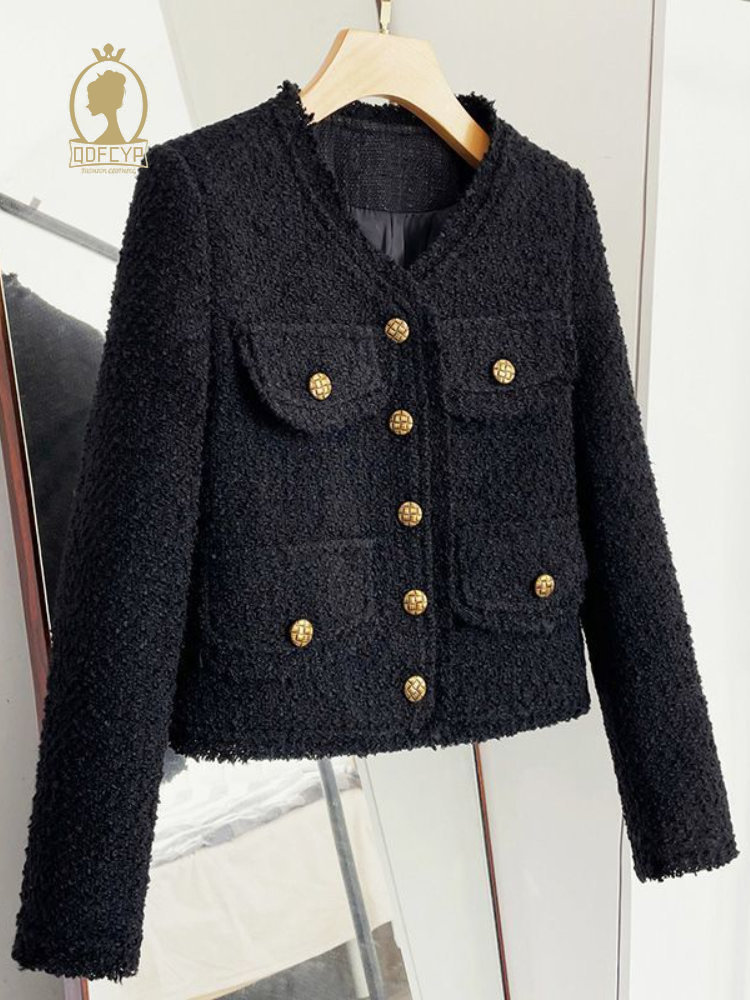 Women's Jackets Autumn women's Black Coat Short Casual Temperament Style Coarse tweed jacket korean fashion Elegant Long Sleeve Top 230919