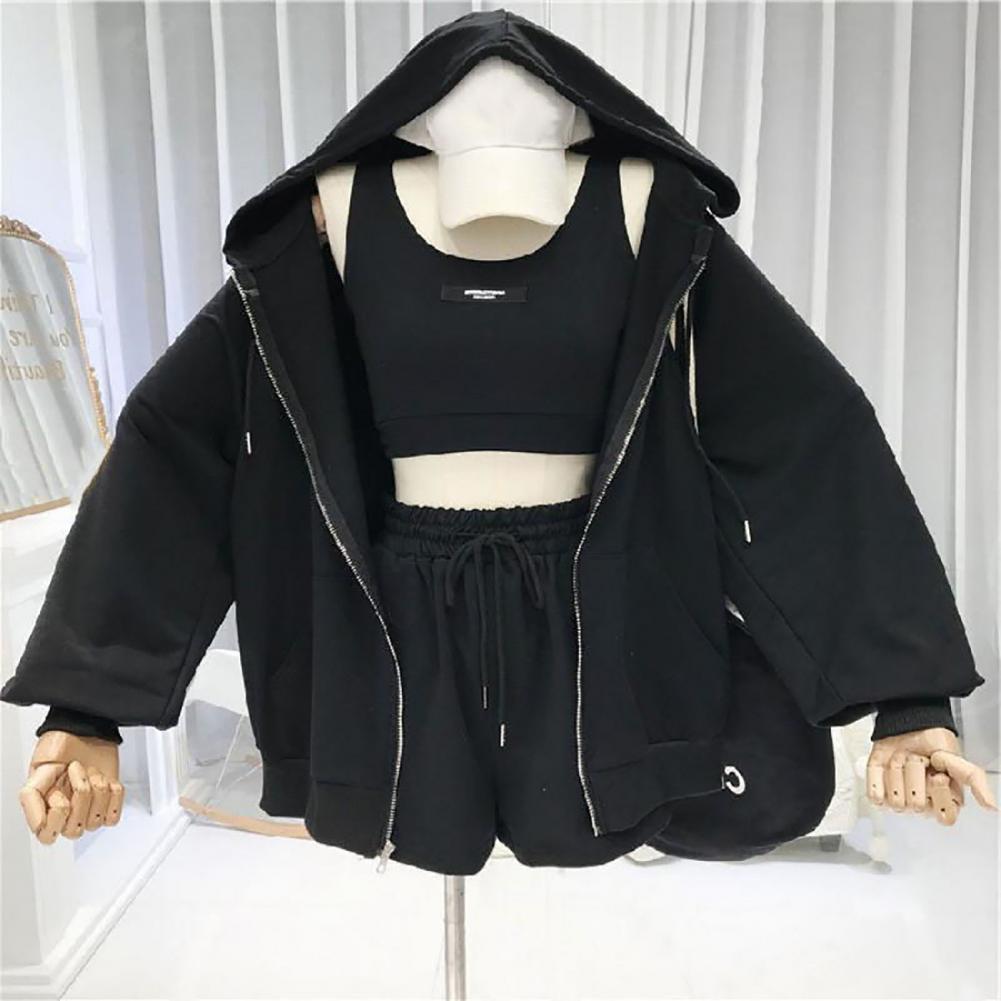 Women's Tracksuits Casual 3 Piece Sets Women VestShortsHooded Zipper Jacket Sportswear Suits Solid Color Sports Tracksuit Women chandals mujer 23