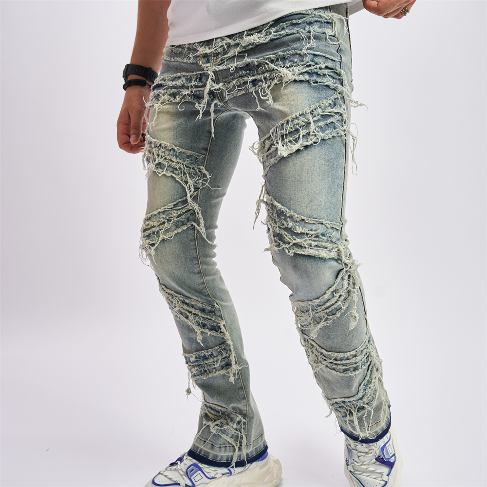 Men s Jeans Men Vintage Stylish Loose Ripped Patch Pants Streetwear Male Solid Casual Straight Denim Trousers 230919