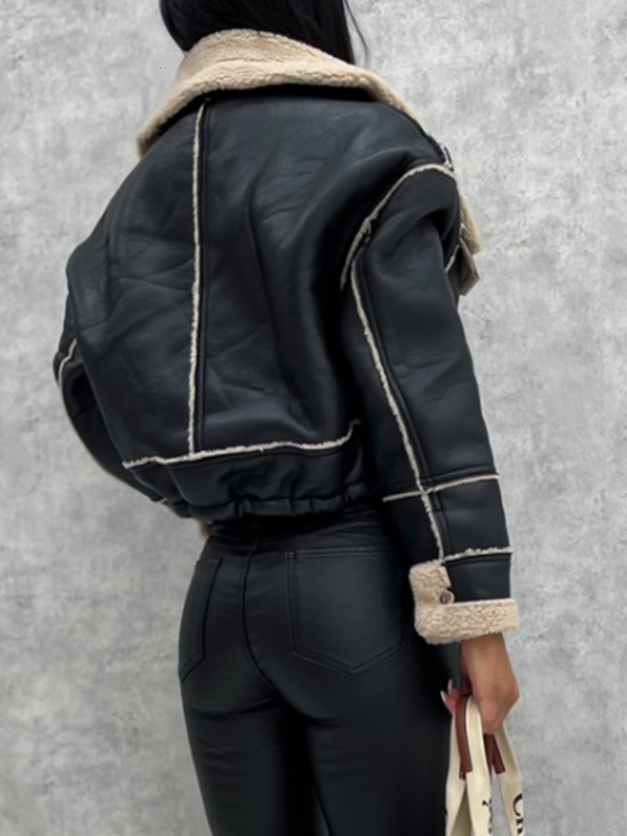 Womens Jackets Women Faux Leather Biker Jacket with Faux Fur Trimmed Collar Vintage Moto Coat Warm Winter Outerwear 230919