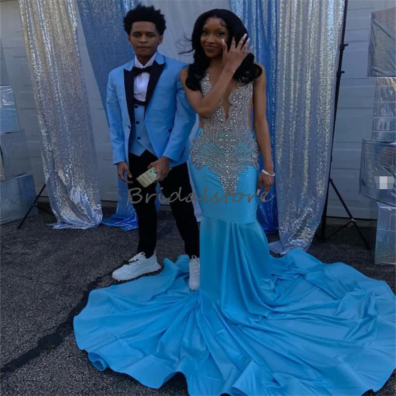 Beautiful Black Girls Blue Prom Dress 2024 Beaded Crystal Mermaid Evening Gowns Zipper Formal Occasion Dinner Party Gowns Women Vestidos De Noche Robe
