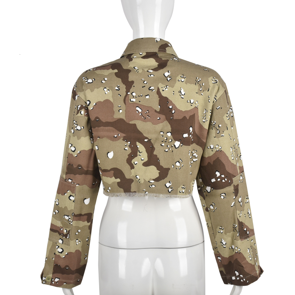 Women's Jackets Autumn Streetwear Jean For Women Long Sleeve Crop Top Green Camouflage Cut Out Buttons Denim with Pocket 230919
