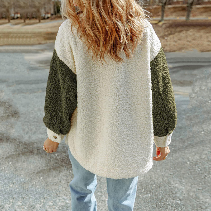 Women's Wool Blends Women Warm Plush Jacket Autumn Winter Casual Patchwork Button Long Sleeve Outwear Ladies Turndown Collar Sweatshirt Coat Clot