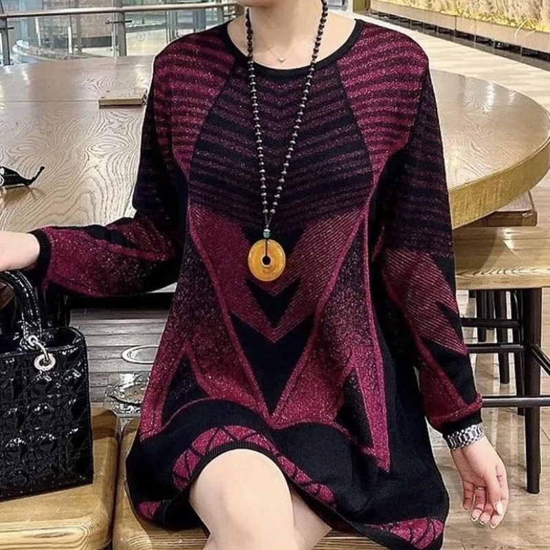Women's Sweaters Casual Geometric Fashion Bright Silk Autumn Winter Long Sleeve Female Clothing Round Neck Korean Midi Knitted Jumpers 230918