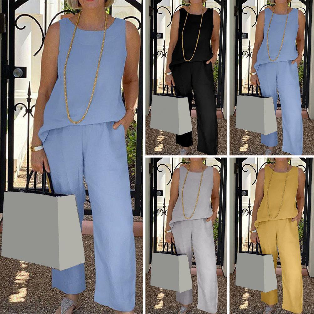 Women's Tracksuits Summer Cotton Linen Women's Tracksuit Suit O-neck Vest Wide-leg Loose Pants Set Female Casual Elegant Ladies 2 Piece Pend