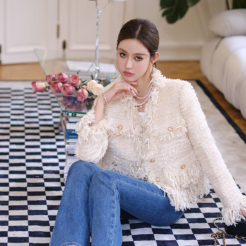 Women's Jackets Korean Fashion Beige Tweed Jackets Women Elegant Tassel Blend Wool Coat Female Autumn Single Breasted Outwear Office Lady 230919
