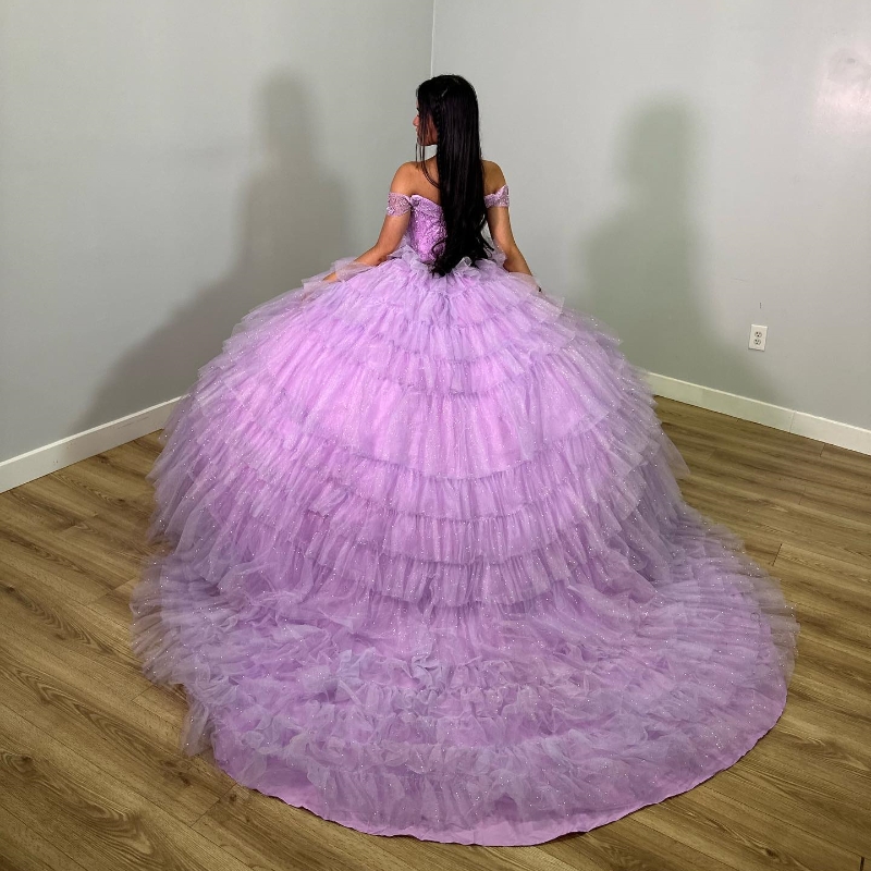 Lavender Sexy Off the Shoulder Quinceanera Ball Gown ral Beads Crystal Tiered Tull Sweet 16 Dresses Birthday Party