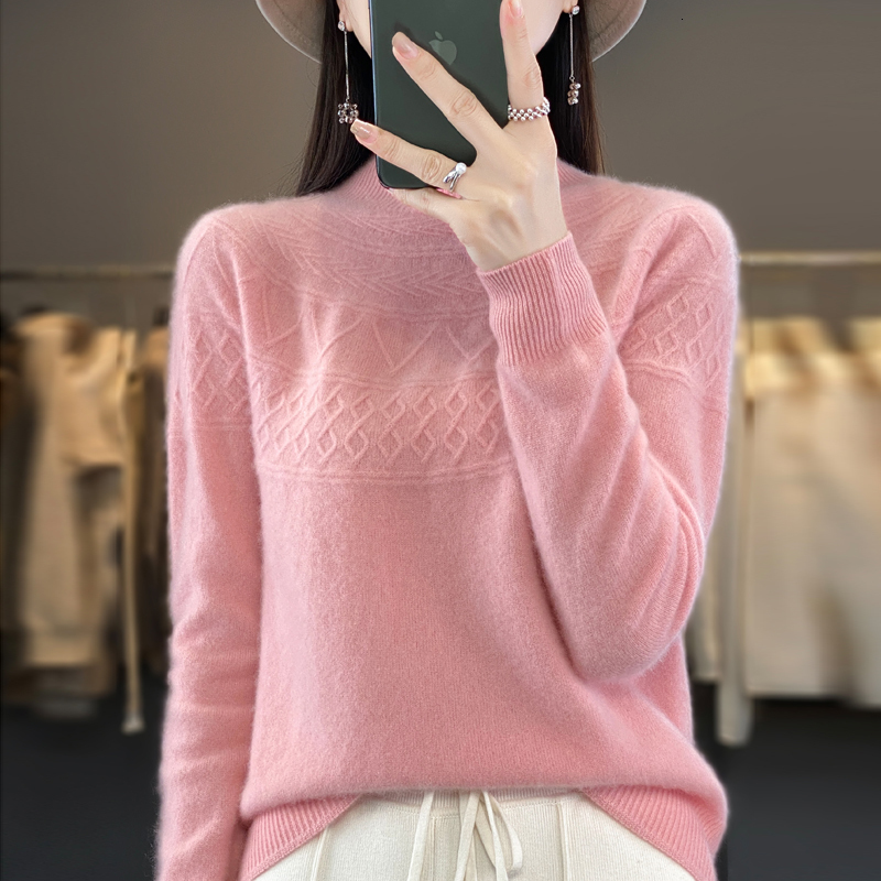 Women's Sweaters 100 Wool Cashmere Sweater Half High Collar Pullover Casual Knitted Top Winter Jacket Korean Fashion 230918