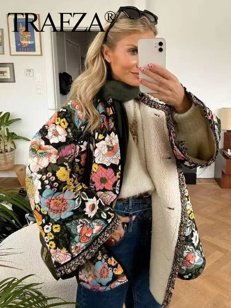 Women's Jacket's Wool Blends TRAFZA Jacket For Women Autumn Floral Print Quilted Reversible Cotton Coat Cardigan Long Sleeve Jackets Elegant