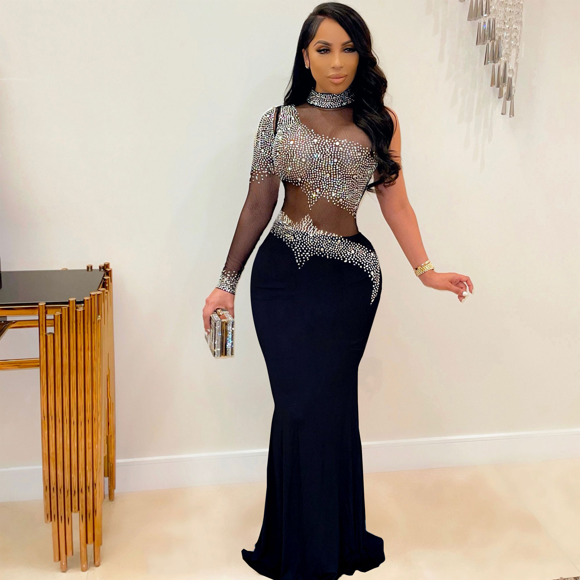 Long Sleeves Sexy Black Evening Dresses 2023 New Party Night Robe De Soiree Elegant shiny see though sheath Vestidos Prom Lace Gowns Red Performance Party Long Dress