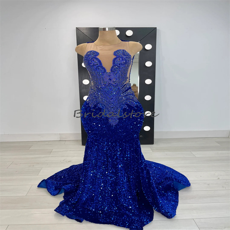Luxury Blue Sequin Crystal Prom Dress For Black Girls 2023 Mermaid Plus Size South African Party Dress Elegant Formal Evening Birthday Pageant Gowns V