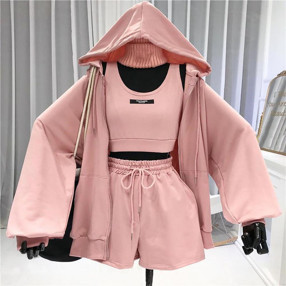 Women's Tracksuits Casual 3 Piece Sets Women VestShortsHooded Zipper Jacket Sportswear Suits Solid Color Sports Tracksuit Women chandals mujer 23