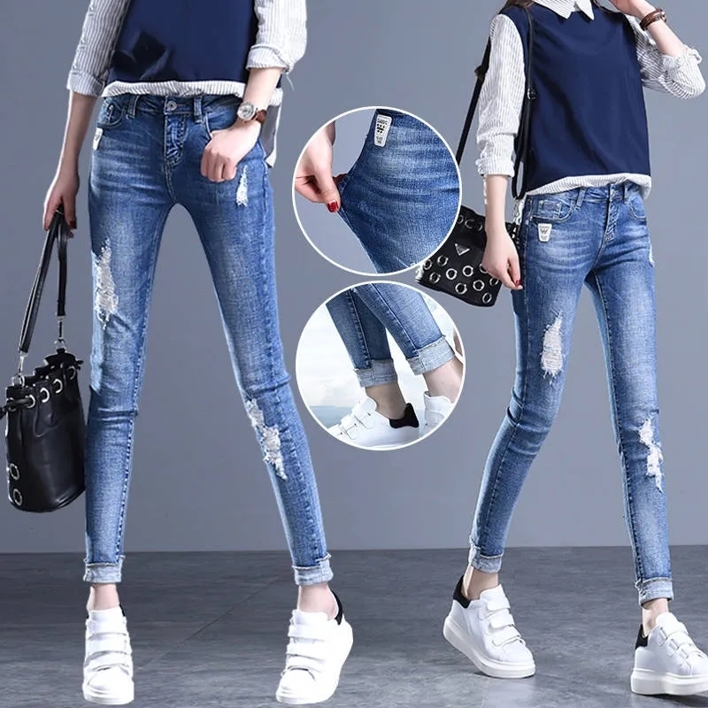 Women's Jeans Trendy Ripped Pencil Jean Casual Slim Mid Waist Vaqueros Spring Summer Streetwear Denim Pants Wash Blue Skinny s 230918