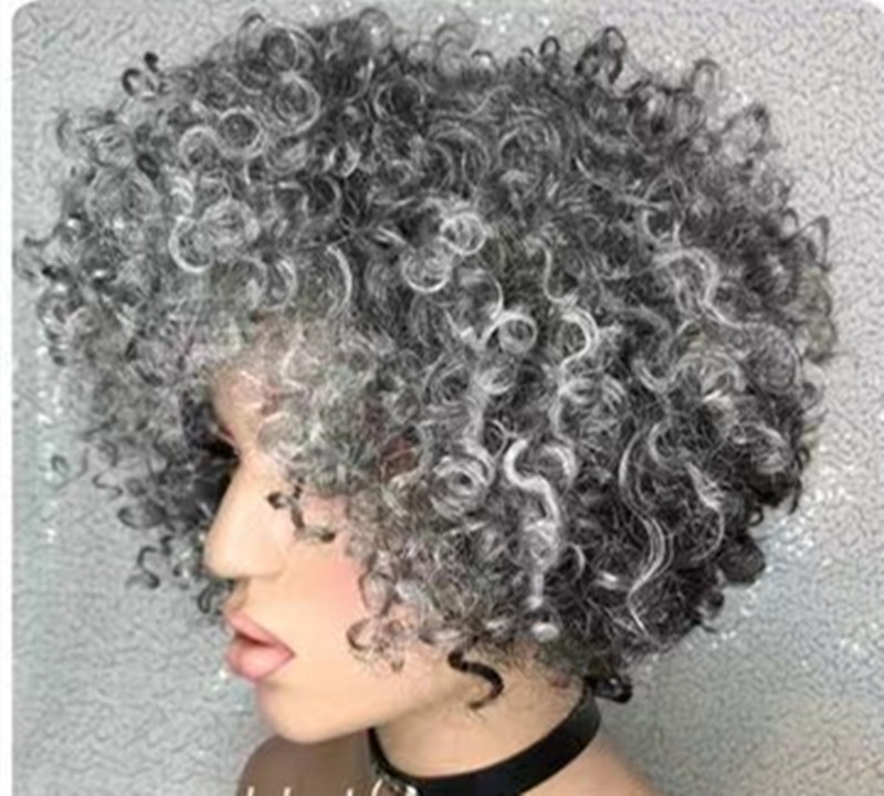 Shot gray human hair wig silver salt and pepper afro kinky curly with bang fringe none lace wear and go glueless wig for black women