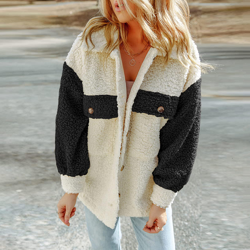 Women's Wool Blends Women Warm Plush Jacket Autumn Winter Casual Patchwork Button Long Sleeve Outwear Ladies Turndown Collar Sweatshirt Coat Clot