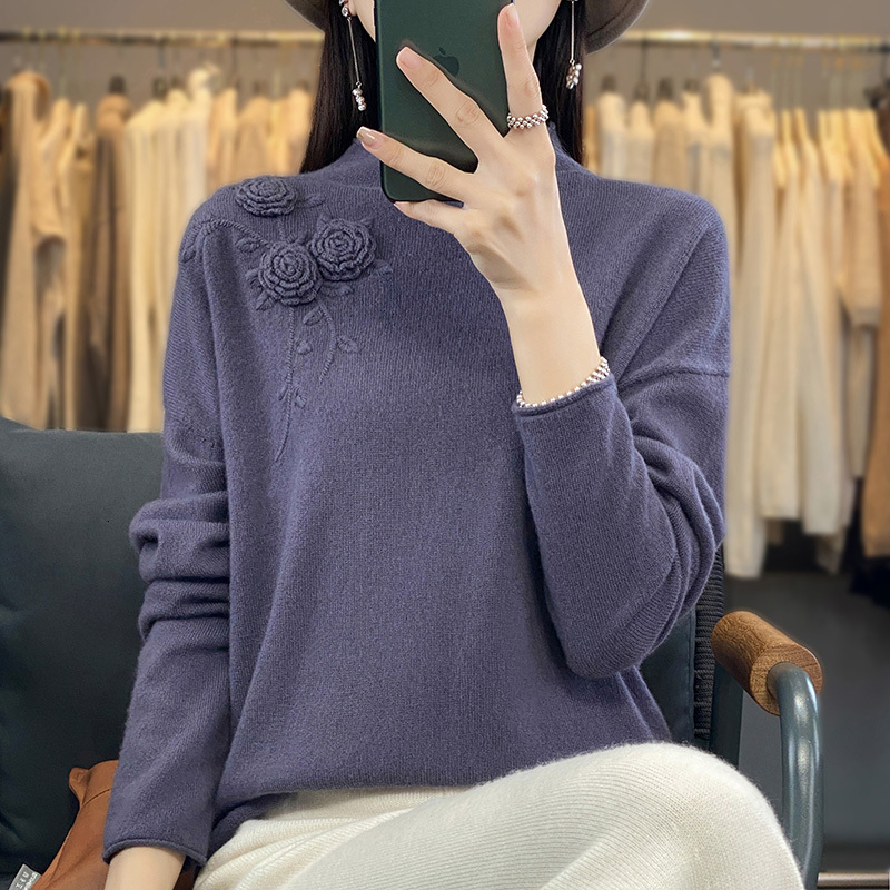 Women's Sweaters 100 Woolen Woman's Autumn Winter Style Embroidery Jumper Female Pullover Long Sleeve Small Turtleneck Knitted Tops 230918