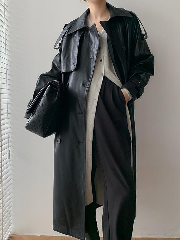 Women's Jackets Leather Jacket Women Autumn Winter Oversize Lapel Long Sleeve Street Female Coat Belt Double Breasted Loose PU Coats 230919