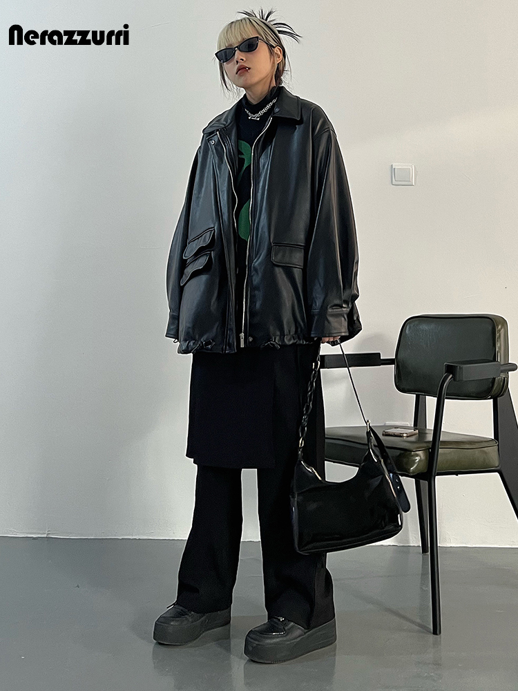 Black Faux Leather Jacket For Women - Oversized & Casual Spring/Autumn Zip-Up