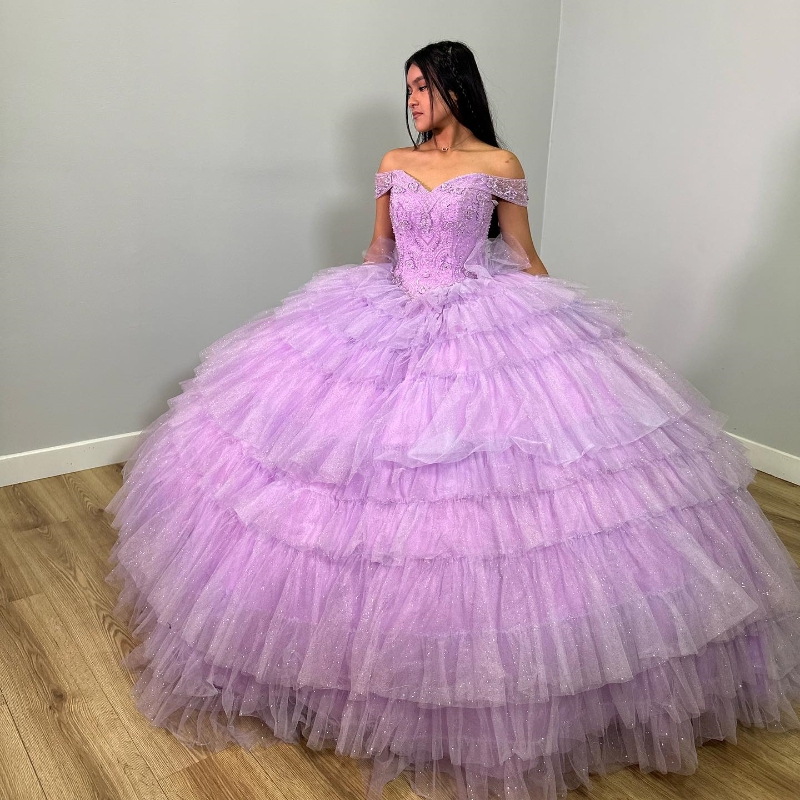 Lavender Sexy Off the Shoulder Quinceanera Ball Gown ral Beads Crystal Tiered Tull Sweet 16 Dresses Birthday Party
