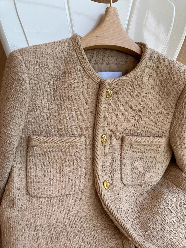 Women's Wool Blends Camel Color Small Fragrance Coat Women French High-grade Tweed Short Jacket Fashion Casual Slim Jacket Women 230918