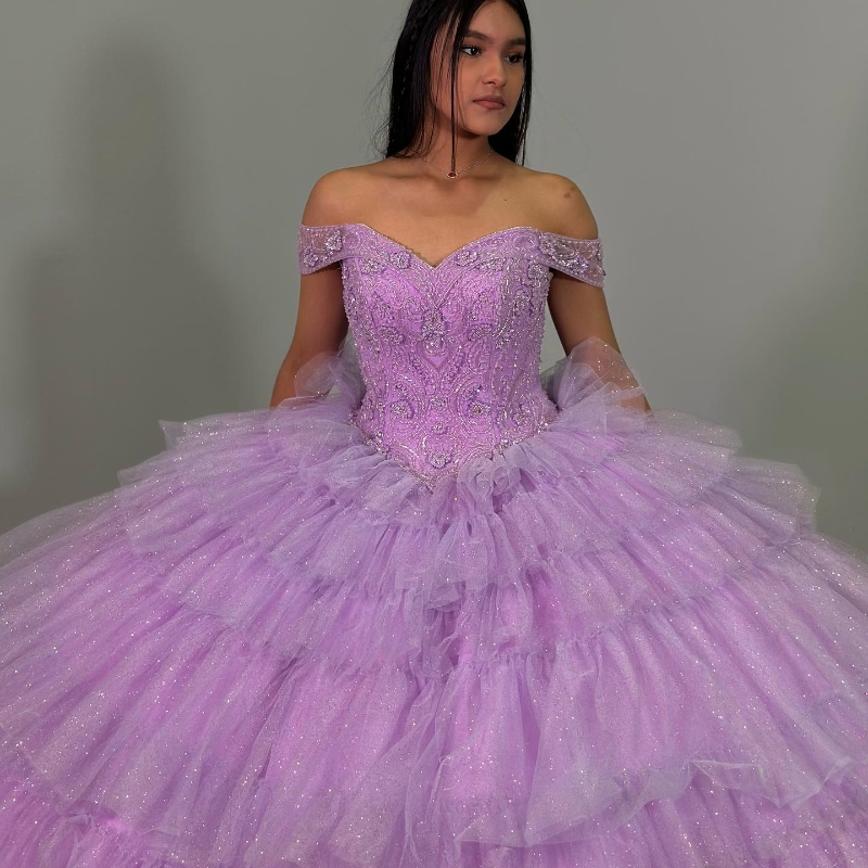 Lavender Sexy Off the Shoulder Quinceanera Ball Gown ral Beads Crystal Tiered Tull Sweet 16 Dresses Birthday Party
