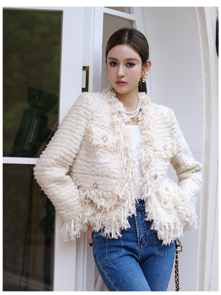 Women's Jackets Korean Fashion Beige Tweed Jackets Women Elegant Tassel Blend Wool Coat Female Autumn Single Breasted Outwear Office Lady 230919