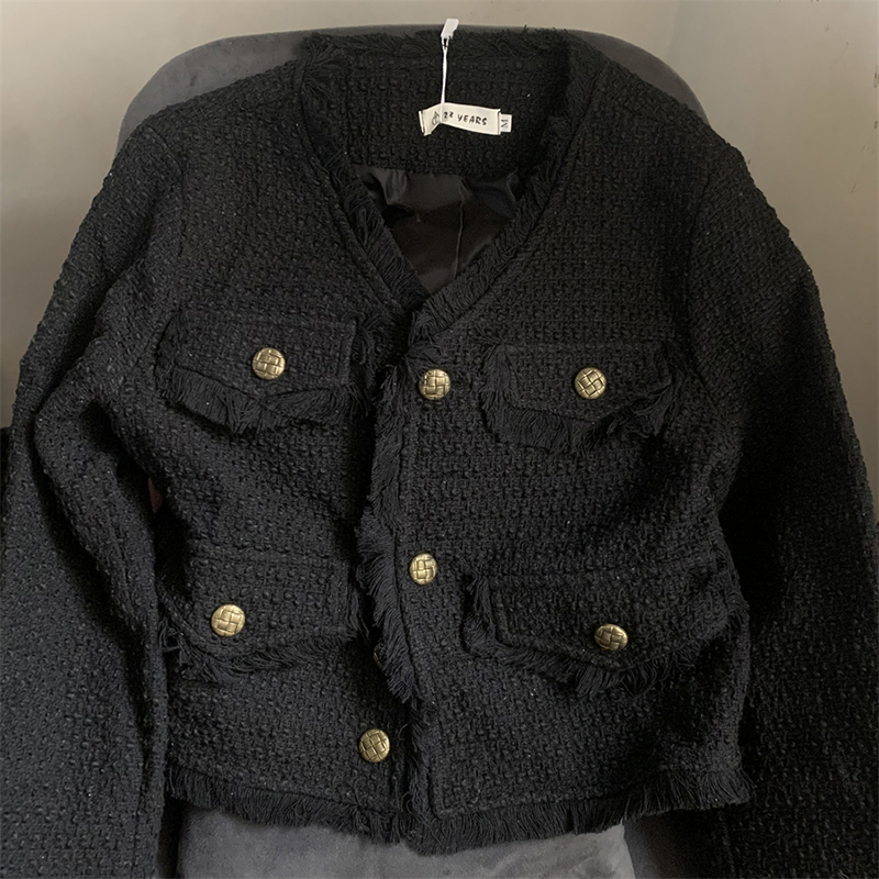 Women's Jackets GIDYQ Korean Fashion Cropped Tweed Jacket Women Autumn Winter Black Long Sleeved Tassel Coats Elegant All Match Outerwear 230919