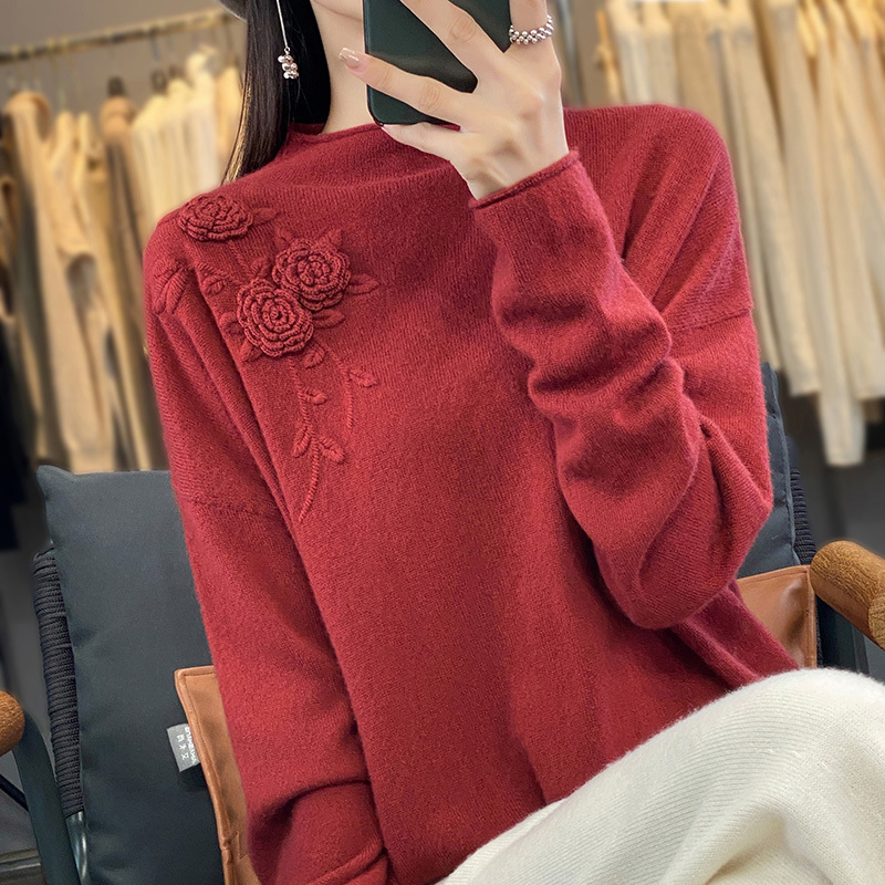 Women's Sweaters 100 Woolen Woman's Autumn Winter Style Embroidery Jumper Female Pullover Long Sleeve Small Turtleneck Knitted Tops 230918