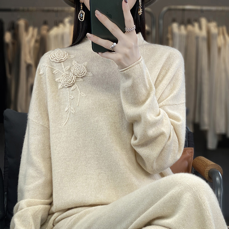 Women's Sweaters 100 Woolen Woman's Autumn Winter Style Embroidery Jumper Female Pullover Long Sleeve Small Turtleneck Knitted Tops 230918