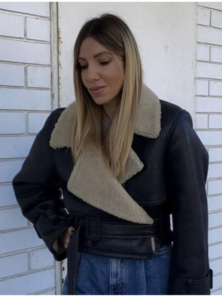 Faux Leather Jacket For Women - Stand Collar, Long Sleeve, Black Lace Up Short Jackets
