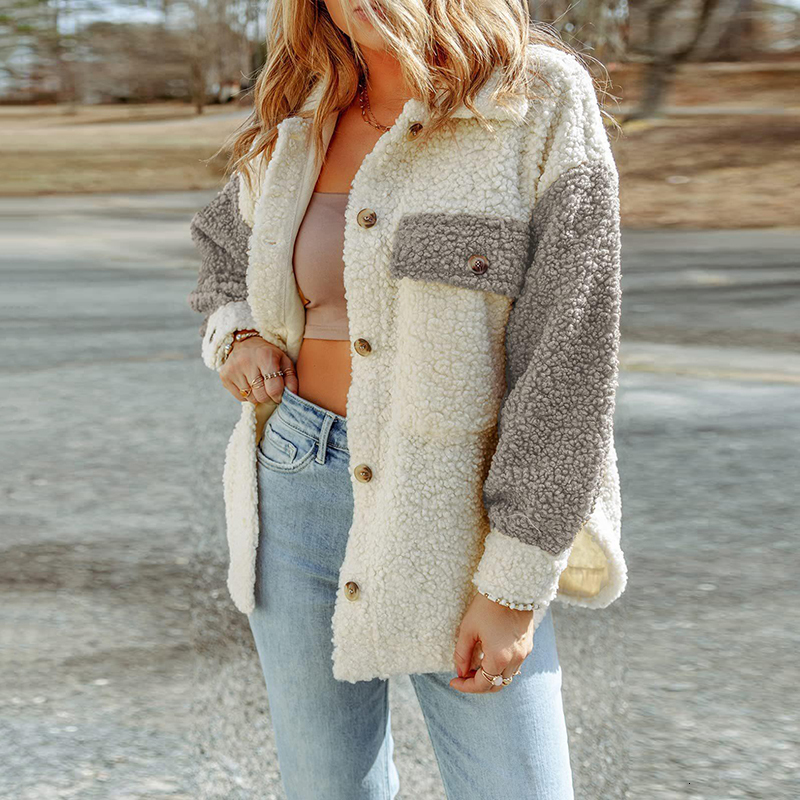 Women's Wool Blends Women Warm Plush Jacket Autumn Winter Casual Patchwork Button Long Sleeve Outwear Ladies Turndown Collar Sweatshirt Coat Clot