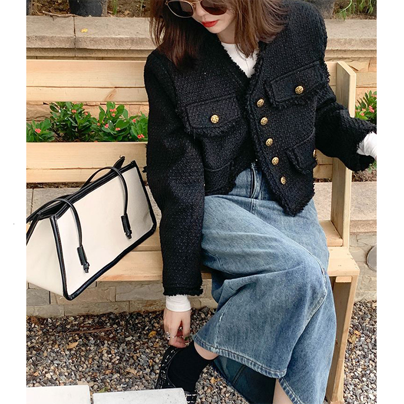 Women's Wool Blends Black Cropped Tweed Jackets Women Vintage Tassel Basic Short Coats Korean Elegant Single-Breasted Casual Outerwear Spring Aut