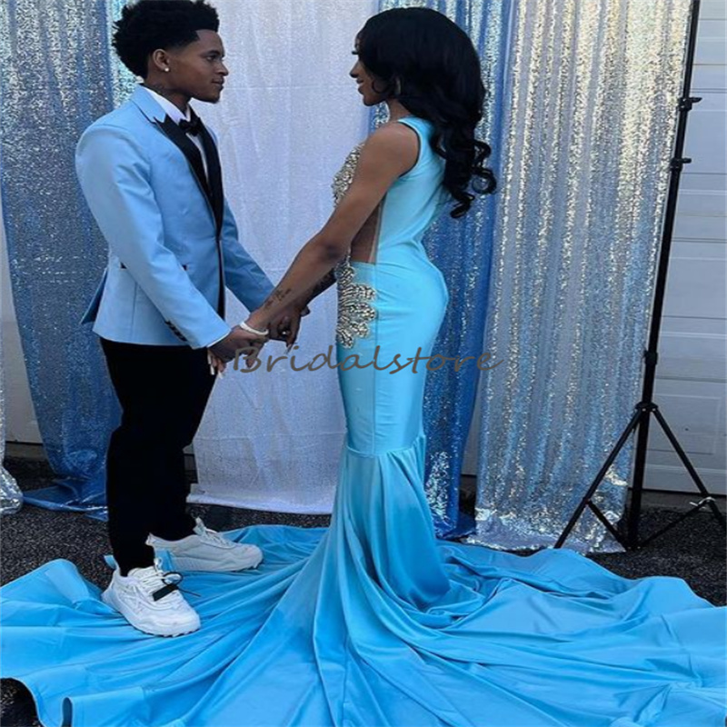 Beautiful Black Girls Blue Prom Dress 2024 Beaded Crystal Mermaid Evening Gowns Zipper Formal Occasion Dinner Party Gowns Women Vestidos De Noche Robe