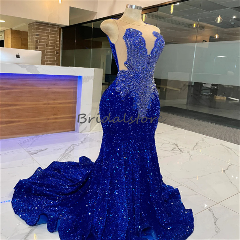 Luxury Blue Sequin Crystal Prom Dress For Black Girls 2023 Mermaid Plus Size South African Party Dress Elegant Formal Evening Birthday Pageant Gowns V