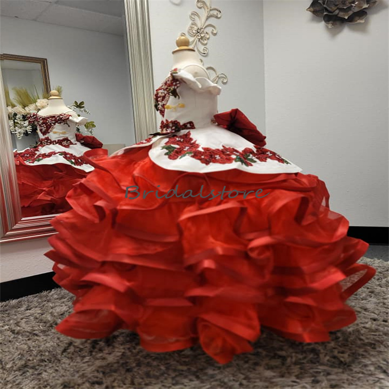 Luxury Mexican Black Kid Pageant Dress Embroidery Flower Girls Dress 2023 With Embroidery Cute Kids Birthday Dress Beaded Corset Cake Topper Dress Lit