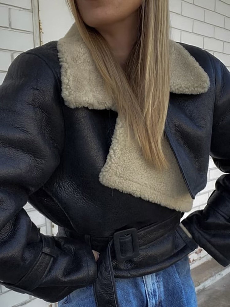 Faux Leather Jacket For Women - Stand Collar, Long Sleeve, Black Lace Up Short Jackets