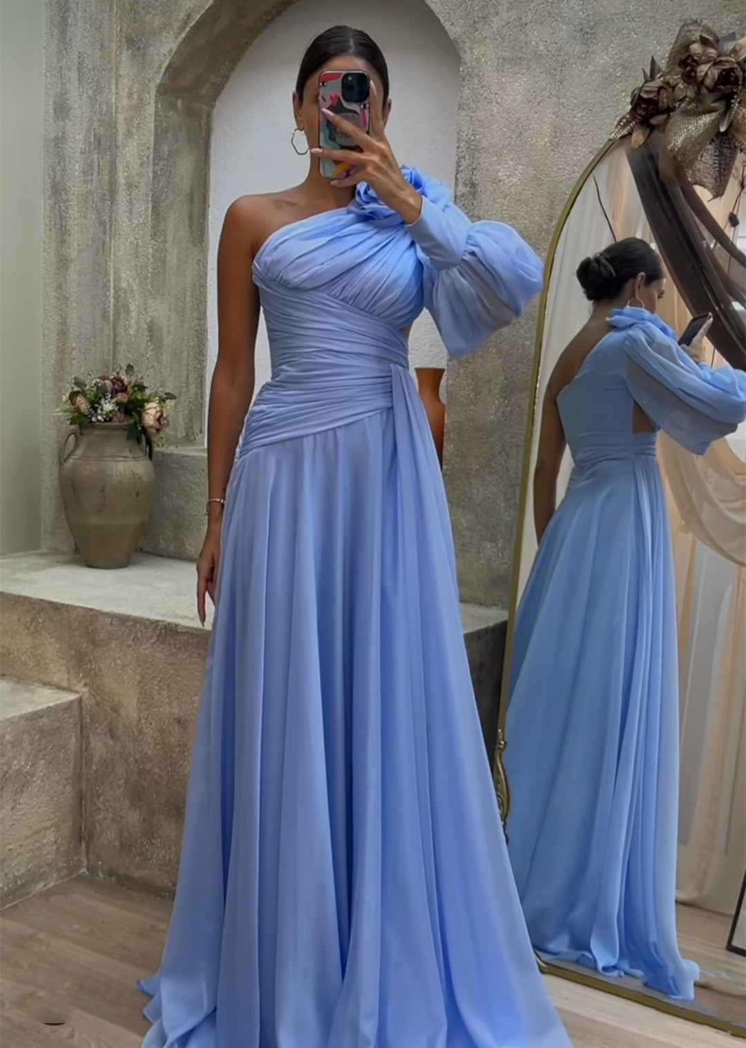 Elegant A-Line Long Sleeve One Shoulder Chiffon Evening Dresses with Flower A-Line Yellow Robe De Soiree Floor Length Zipper Back Formal Party Gowns f