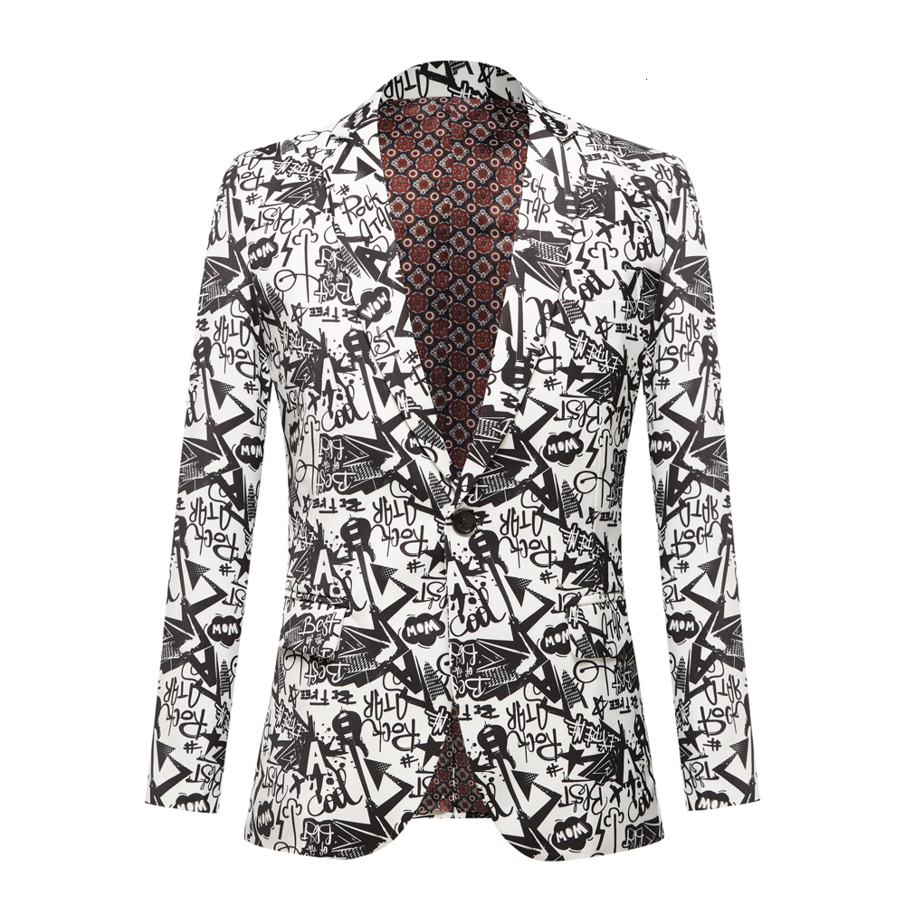Men's Suits Blazers Men's Black Fashion Suit Jacket Wedding Groom Stage Singer Prom Slim Fit Blazers Black White Printed Suit Jacket Coat 23