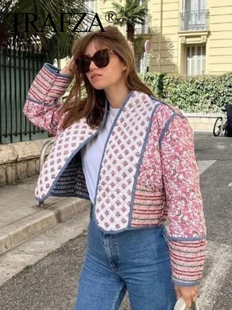 Women's Jacket's Wool Blends TRAFZA Jacket For Women Autumn Floral Print Quilted Reversible Cotton Coat Cardigan Long Sleeve Jackets Elegant