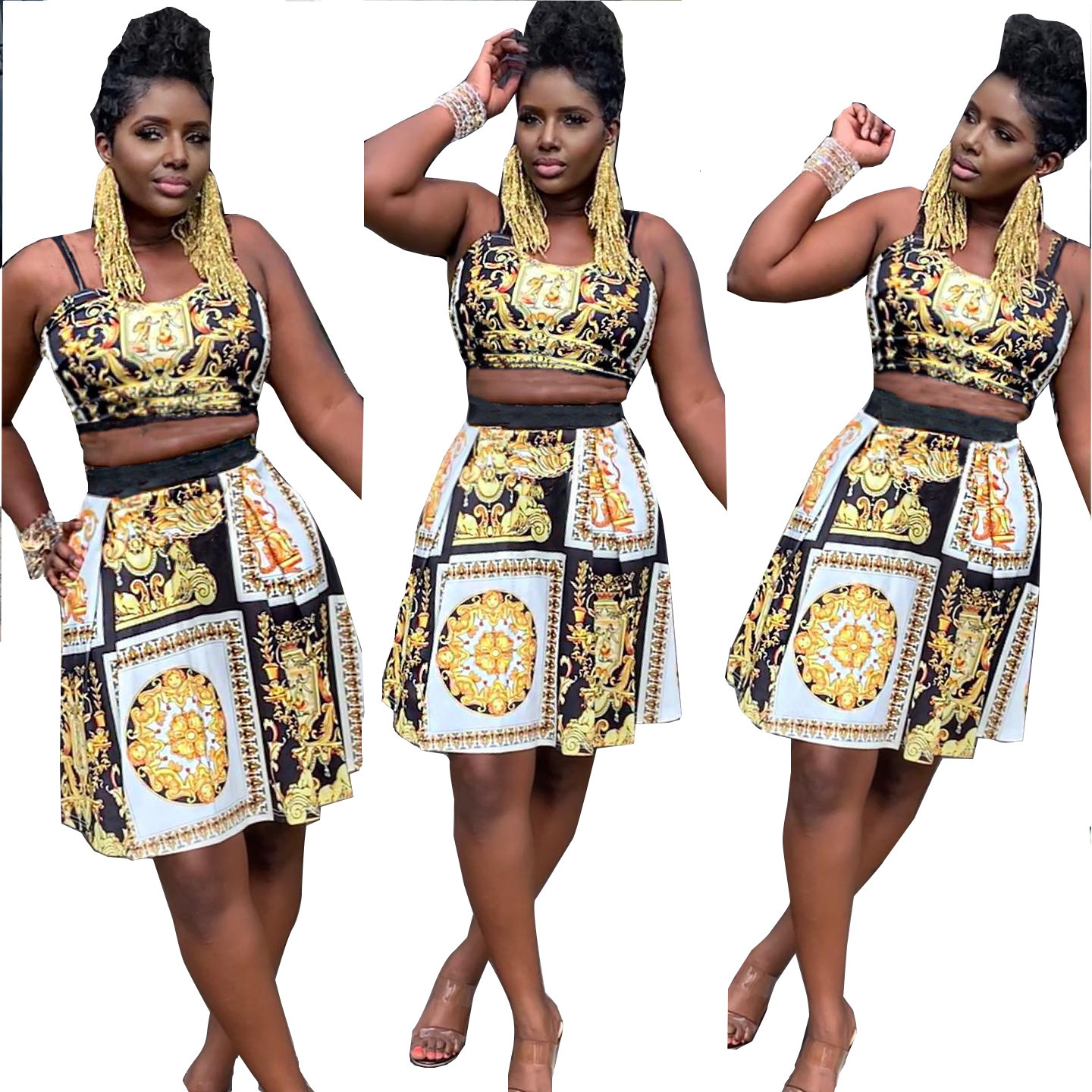 VAZN Summer Hollow Out Sexy Beach Vintage Georgette Outfits Strapless Top Maxi Pleated Skirts Slim Women 2 Piece Set