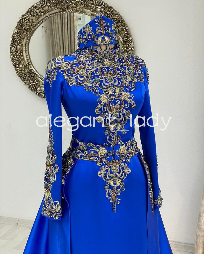 Royal Blue Muslim Caftan Evening Formal Dresses Luxury Lace Applique Beaded Henna Moroccan Prom Gown outfit