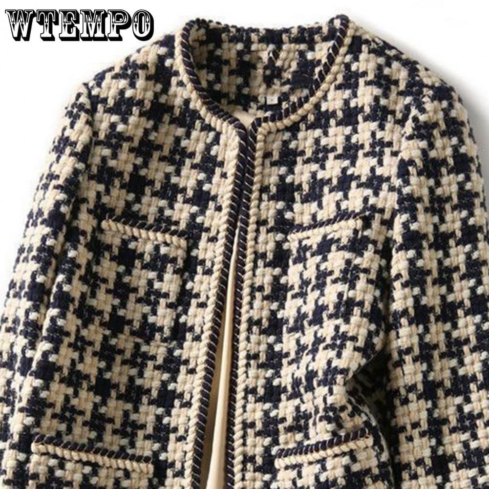 Women's Jackets WTEMPO Vintage Early Autumn Tweed Women Jacket Elegant Grid Lady Winter Cardigan Open Front Plaid Outwear 230919
