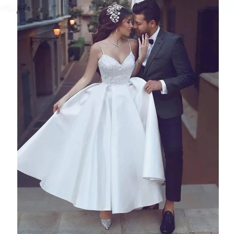 White Satin Tea Length Short Wedding Dresses 2024 Spaghetti Straps Backless Cheap Wedding Gowns Bride Dresses