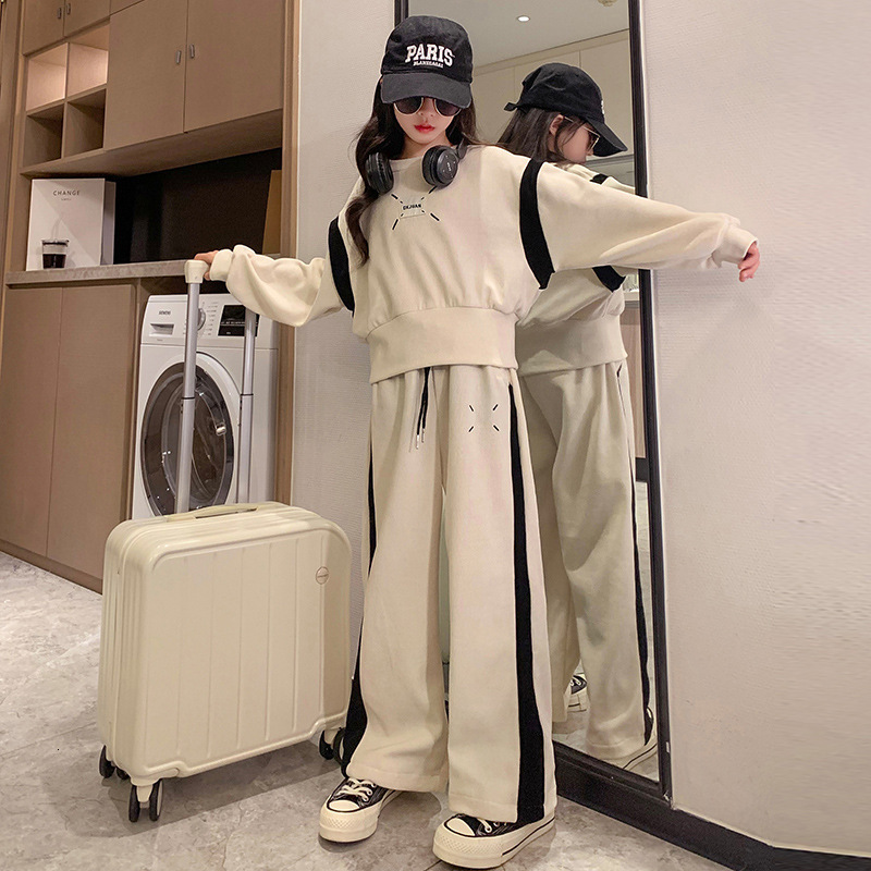 Clothing Sets College Style Girls Autumn Suit Teen Clothes Set Korean Long Sleeve Printed Wide Leg Pants Outfit Children Loungewear 3-15Y 230918