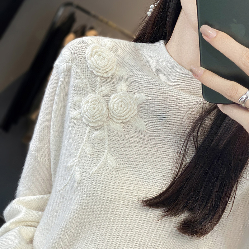 Women's Sweaters 100 Woolen Woman's Autumn Winter Style Embroidery Jumper Female Pullover Long Sleeve Small Turtleneck Knitted Tops 230918
