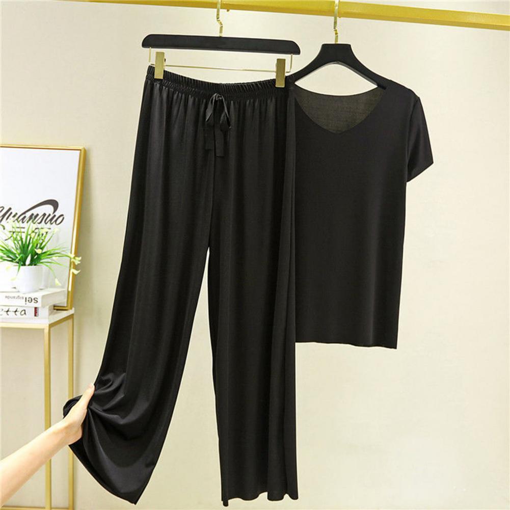Women's Tracksuits Casual Tracksuit Women Solid Color Short Sleeve Loose Pajama Shirts Elastic Waist Wide Leg Pants Home Wear Female 230919