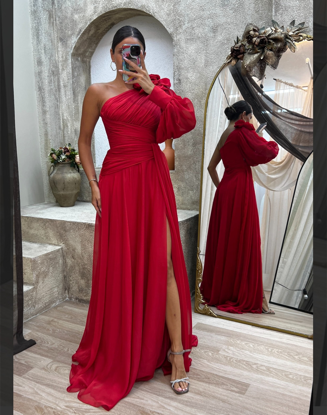 Elegant A-Line Long Sleeve One Shoulder Chiffon Evening Dresses with Flower A-Line Yellow Robe De Soiree Floor Length Zipper Back Formal Party Gowns f